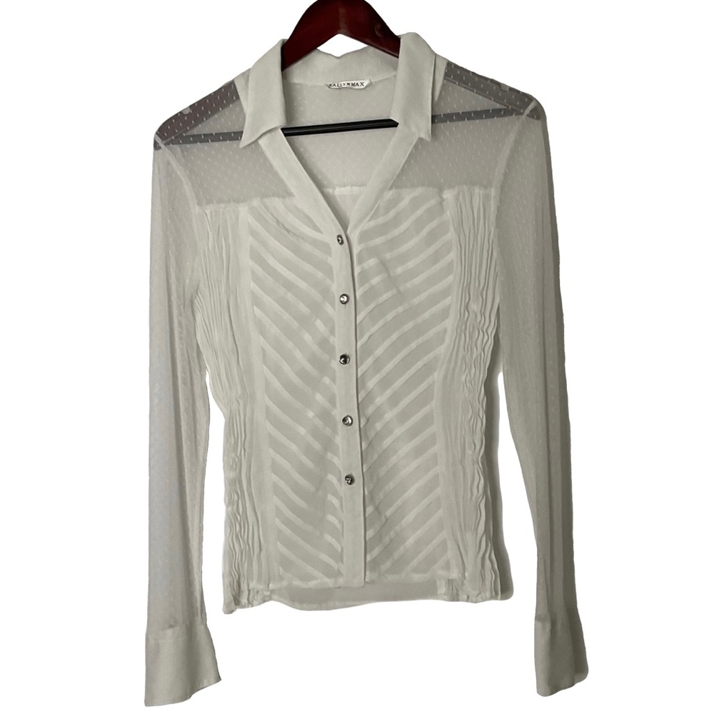 Kaelyn-Max White Sheer Collared Button-Up Gem Buttons Side Ruching Blouse No Sz